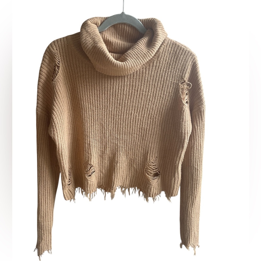 Full Circle Trends Cropped Turtleneck Sweater in Beige Acrylic Knit, Size L